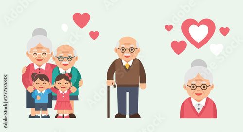 Cartoon Family Portrait with Grandparents Children and Hearts.
