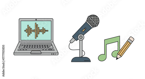 Laptop with audio waveform microphone musical notes and pencil.