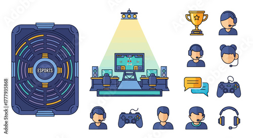 Esports Gaming Icons Set: Trophy Headsets Controllers and Player Avatars.