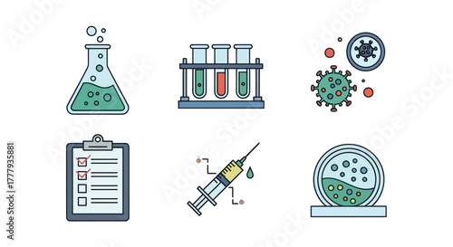 A collection of colorful line art icons representing science medicine and laboratory research.
