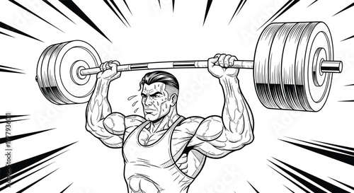 Muscular man lifting heavy barbell overhead in black and white line art vector, symbolizing strength, fitness, power, and determination.