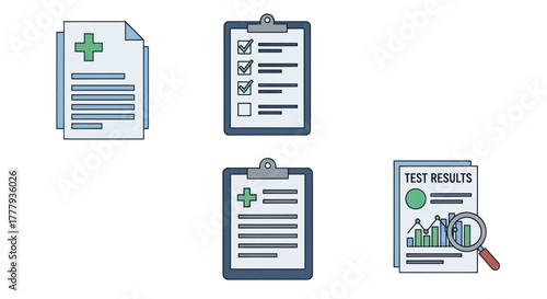 A collection of illustrated medical documents including patient charts checklists and lab test results.