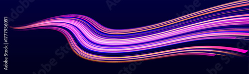 Vivid laser lights trace waves through dark air. The speed of color merges with glowing patterns. Futuristic energy flows like a digital river of light.