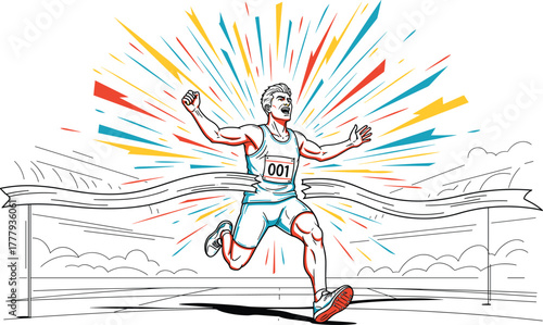 "Runner Crossing Finish Line in Stadium with Color Burst, Victory Pose, Athletic Race Celebration, Sports Motivation Vector Illustration"