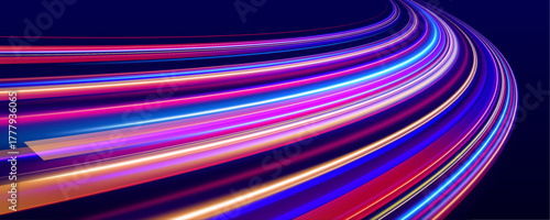 Neon light trails curve through the dark city night. Blue and red reflections blur in high-speed motion. Futuristic energy waves shine with vibrant rhythm.