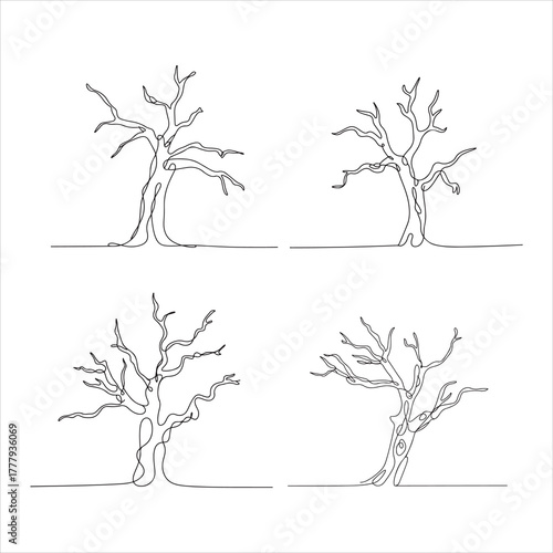 Set of four bare trees drawn in a continuous single line style. Minimalist one-line art illustration