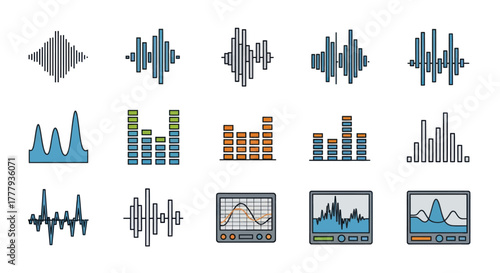 Diverse Collection of Audio Waveform Visualizations and Equalizer Displays.