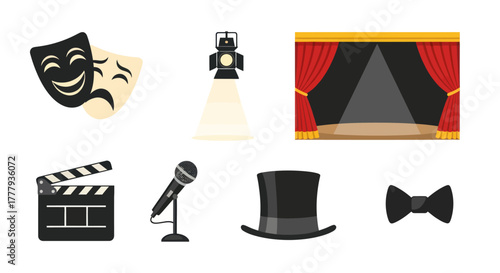 Theater and Performance Elements: Masks Stage Microphone and Accessories.