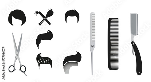 Barber and Hairdressing Tools with Mens Haircut Silhouettes Collection.