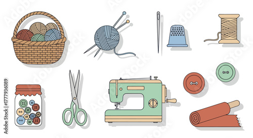 A charming illustrated collection of sewing and knitting tools and accessories.