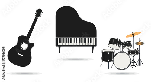 Musical Instruments: Acoustic Guitar Grand Piano and Drum Set Silhouettes.