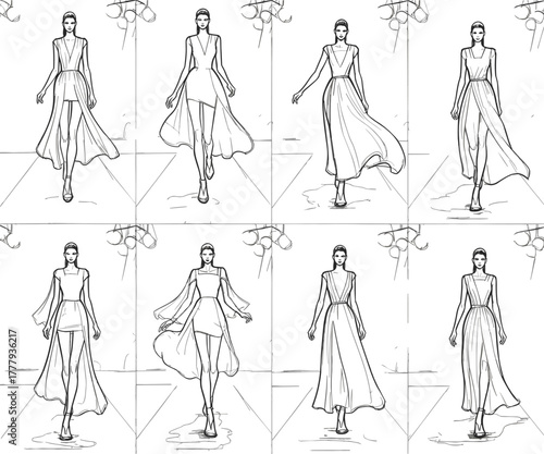 Stylized fashion runway sketches in blue line art, elegant dress designs for haute couture, fashion illustration, and designer portfolio content