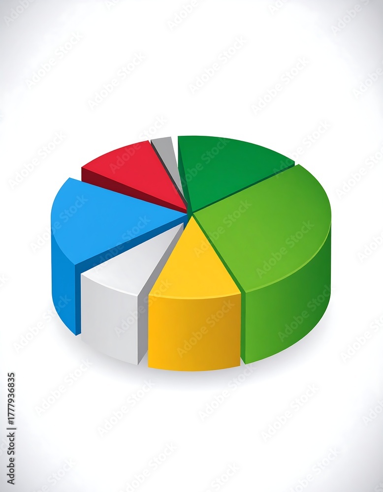 Obraz premium A 3D rendered pie chart, divided into multiple colorful segments, conveying data analysis in a white background