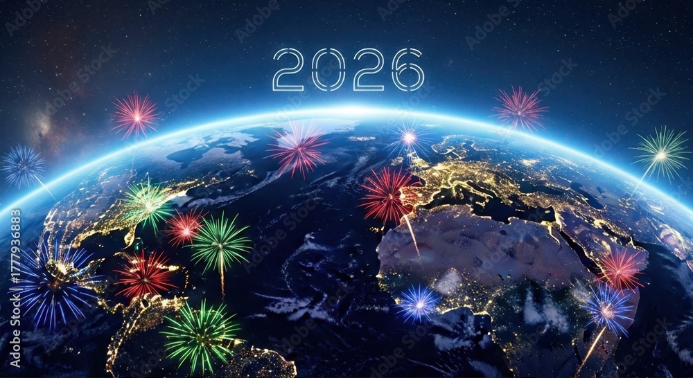 Obraz premium Earth is adorned with fireworks celebrating 2026, symbolizing global unity and hope for the future year