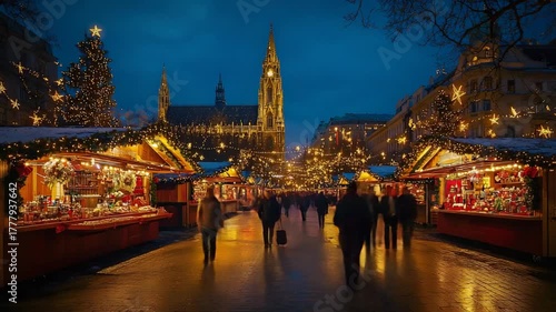 timelapse of austria market at night in rathaus city hall video