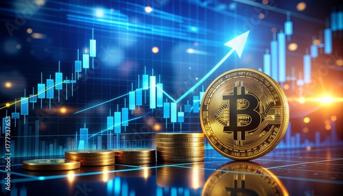 Golden bitcoin coin and stacked crypto currency coins with glowing blue financial chart showing growth and increasing value in digital investment market