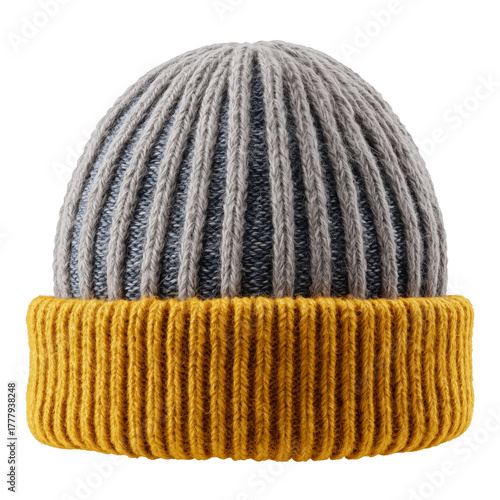 Warm and Cozy Knitted Hat With Grey and Yellow Colors for Winter Outdoor Acti...