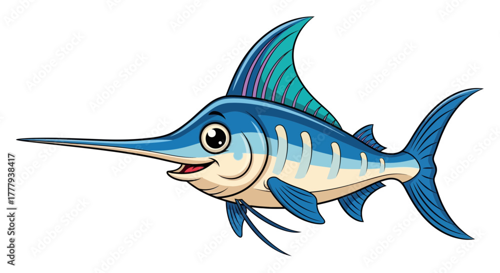 Naklejka premium Cute Cartoon Blue Marlin Character | Vector Illustration of Swordfish | Big Game Fish Mascot