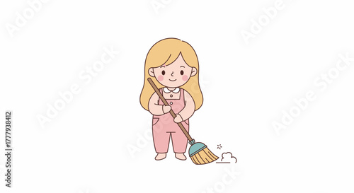 Cute Little Girl Sweeping Floor with Broom Illustration