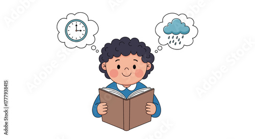 Cartoon Child Reading Book and Thinking | Education, Time, and Weather Concept