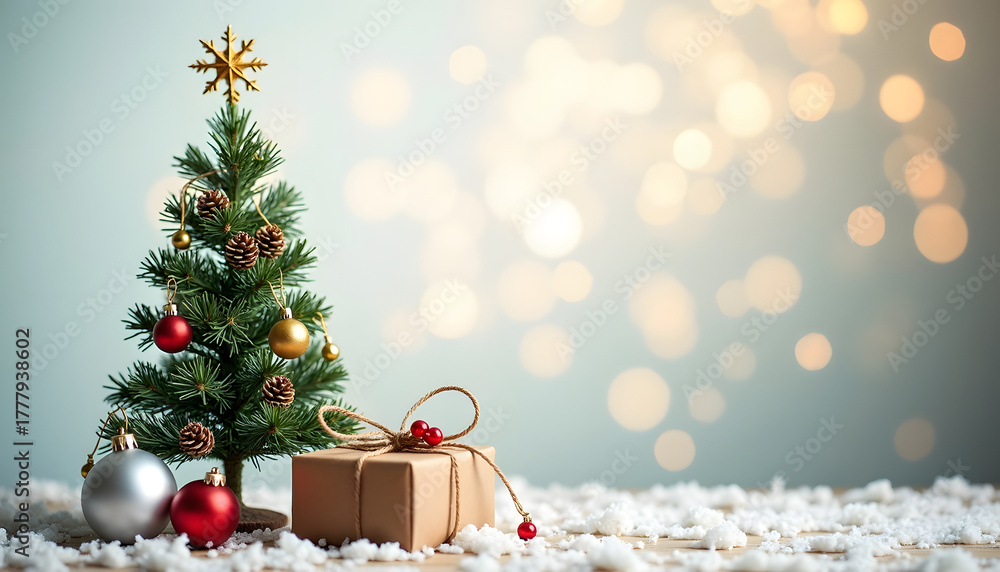 Obraz premium Christmas tree with ornaments and a gift box on a snowy surface