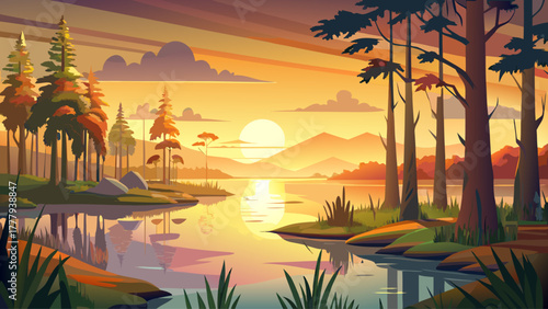 Very beautiful sunrise at Cypremort Point, Louisiana, USA, golden sunlight reflecting on calm waters, silhouetted cypress trees along the shoreline, peaceful marsh landscape with soft morning mist and