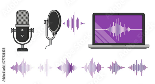 Vector Illustration of Audio Recording Equipment and Sound Waves.