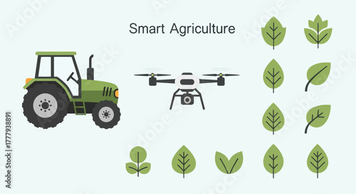 Green Tractor Drone and Leaf Icons Representing Smart Agriculture Technology.