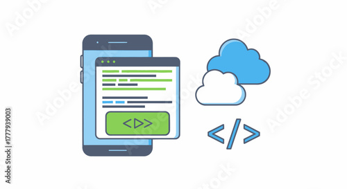 Mobile App Development Illustration with Smartphone Code Editor Cloud and Coding Tag Icons.