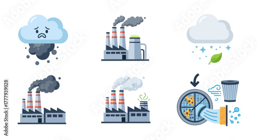 Cartoon Illustrations of Industrial Factories Emitting Polluted Smoke.