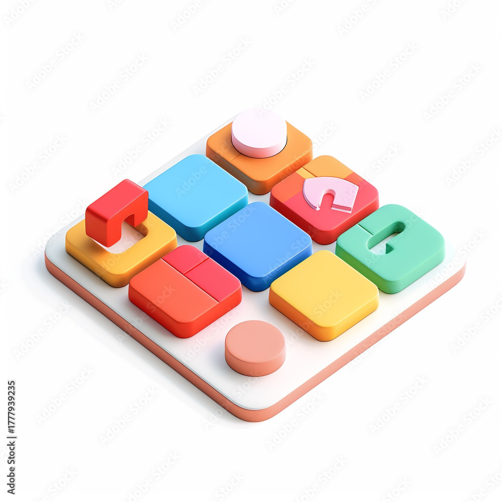 Obraz premium Colorful wooden shape sorter toy isolated on white background, designed to help children develop fine motor skills and problemsolving abilities