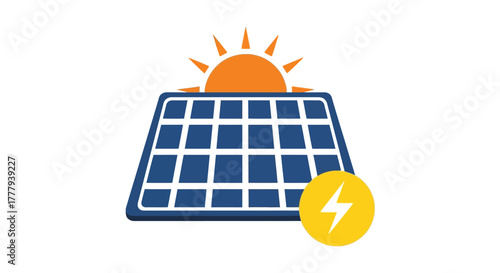 Stylized illustration of a solar panel with sun and energy symbol