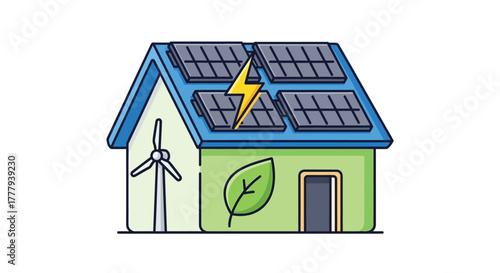 Eco friendly home with solar panels wind turbine and green leaf