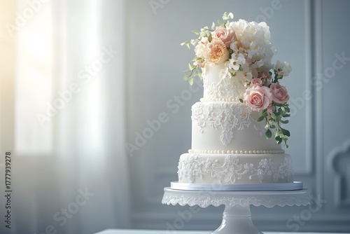 elegant wedding cake with three tier cake and ivory fondant adorned with floral decorations and sugar flowers in lace detailing for a luxury dessert