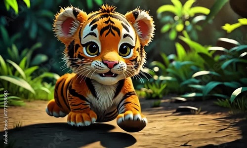 Playful Pounce – Baby Tiger Animation Frame in Lush Jungle Adventure Video