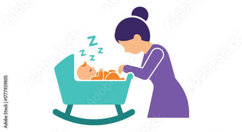 A mother lovingly watches over her sleeping baby in a cradle