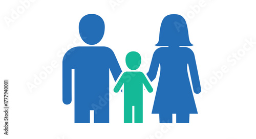 Simple blue and green family icon showing a mother father and child