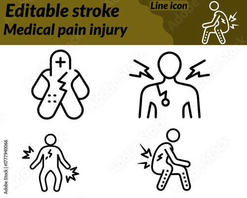 A stylized medical set line icon. showing a person figure with highlighted red pain points on joints  back. bandages and a medical cross symbol representing injury pain relief and healthcare support.