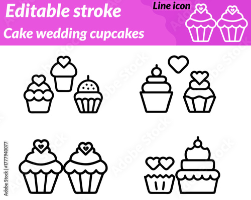 A charming cake wedding cupcakes set icon. featuring a tiered wedding cake with decorative icing. surrounded by cupcakes with sprinkles hearts, and candles. symbolizing celebration dessert.