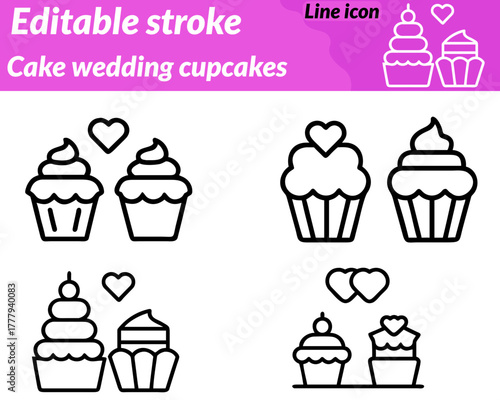 A charming cake wedding cupcakes set icon. featuring a tiered wedding cake with decorative icing. surrounded by cupcakes with sprinkles hearts, and candles. symbolizing celebration dessert.