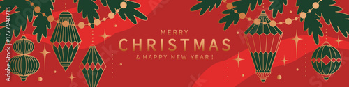 Merry Christmas greeting banner. Bright red background with Christmas decorations in geometric. Xmas background for winter holidays, season greetings, sale, ads.