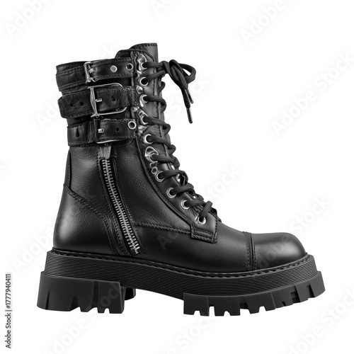 Black Leather Combat Boots With Laces, Suitable for Outdoor Activities or Mil...