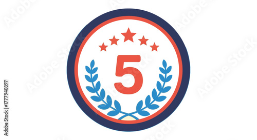 A patriotic emblem featuring a red number five with star and laurel details