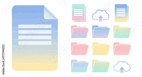 A collection of pastel gradient icons representing files folders and cloud data storage.