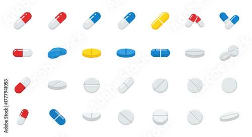 Colorful Assortment of Medical Pills and Capsules Icons.