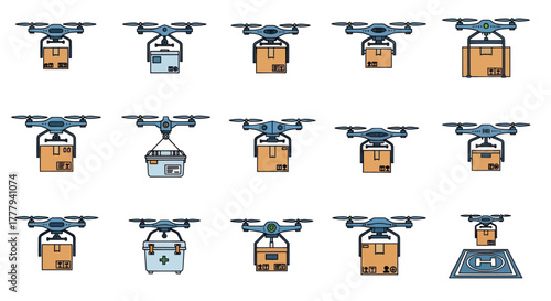 Collection of Drone Delivery Illustrations Carrying Various Packages.