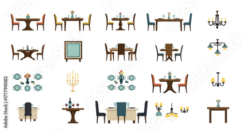 A diverse collection of flat vector illustrations featuring dining room furniture sets tables chairs and decorative elements.
