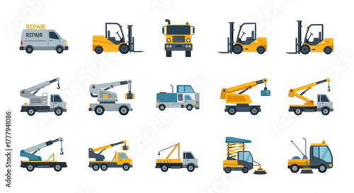 Colorful vector illustration set of construction and logistics vehicles like trucks cranes and forklifts.
