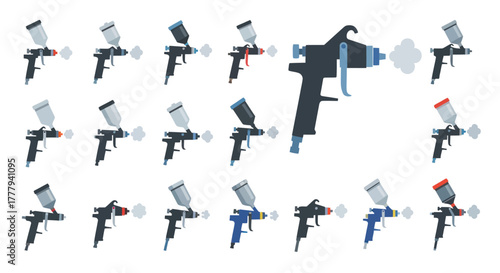 Professional paint spray guns in various colors and designs.