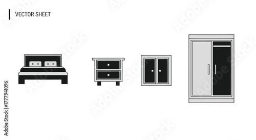 Minimalist Bedroom Furniture Set: Bed Nightstand Cabinet and Wardrobe.